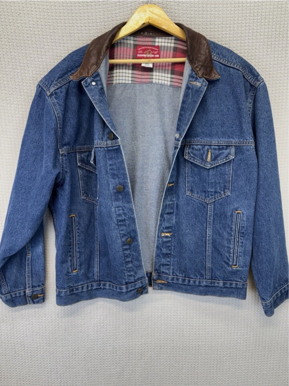 Vintage 90s Marlboro Country Store Denim Jean Jacket Leather Collar Mens Large - Picture 2 of 8